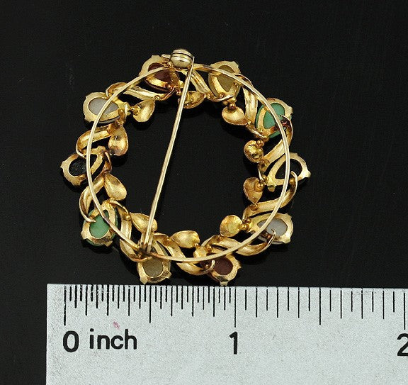 Attractive 14k Gold Multi-Color Jade Wreath Pin Brooch