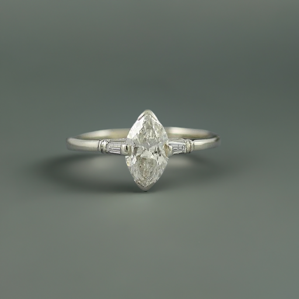 Lovely 14k White Gold Ring w/ Large Marquise Navette Diamond ~.94ct tdw