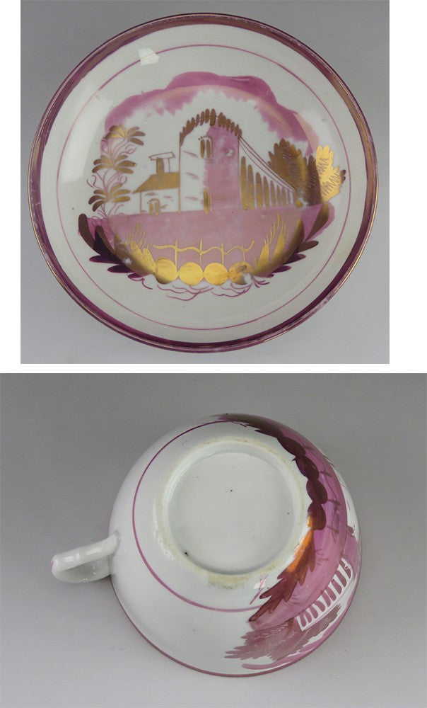 17 pc Antique c1830 English Pink Lustre Porcelain Cups & Saucers/Tea Bowls