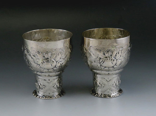 Pair German Silver Hand Chased Viva Les Fenians 1890-1910 Pedestal Cups Goblets