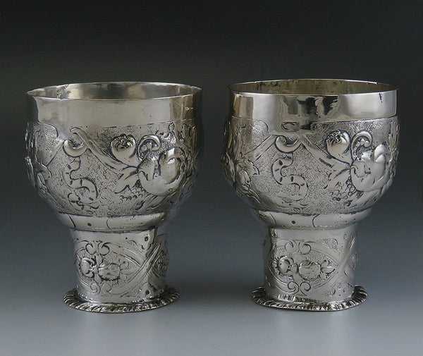 Pair German Silver Hand Chased Viva Les Fenians 1890-1910 Pedestal Cups Goblets