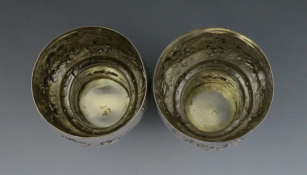 Pair German Silver Hand Chased Viva Les Fenians 1890-1910 Pedestal Cups Goblets