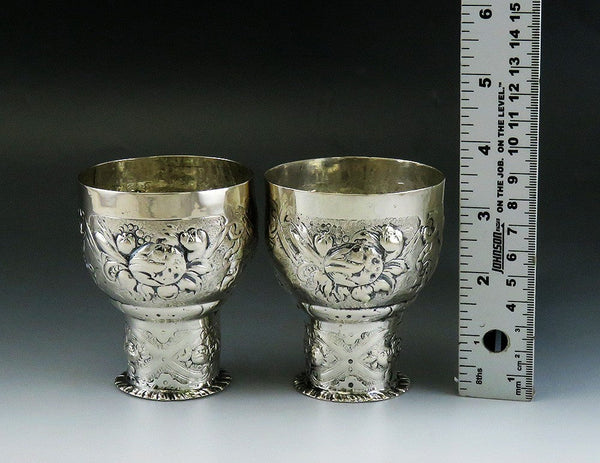 Pair German Silver Hand Chased Viva Les Fenians 1890-1910 Pedestal Cups Goblets