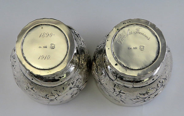 Pair German Silver Hand Chased Viva Les Fenians 1890-1910 Pedestal Cups Goblets