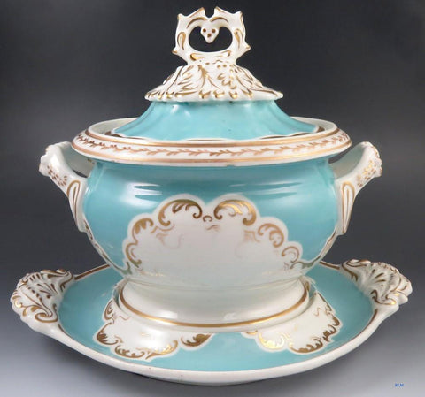 Antique 1830s Chamberlains English Worcester Porcelain Gilt Sauce Tureen