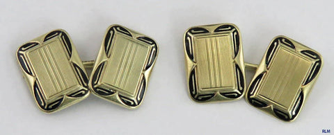 Antique 1920s Art Deco Pair 14K Yellow Gold & Black Enamel Cufflinks