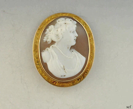 Antique 10K Yellow Gold Genuine Carved Cameo Pin/Brooch Engraved Frame