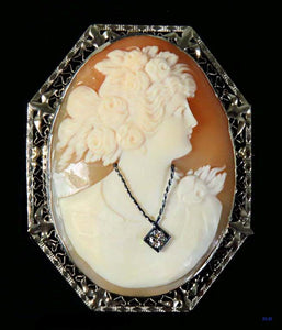 First Quarter 1900's American 14k White Gold Cameo Pin/Pendant w/ Diamond