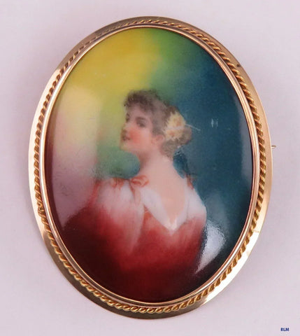 Lovely Victorian 14k Gold Portrait of a Young Woman Pin / Brooch