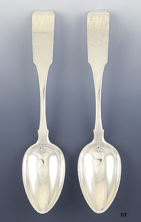 c1815 Fine Pair American Coin Silver Serving/Table Spoons Fiddle Pat by Emery