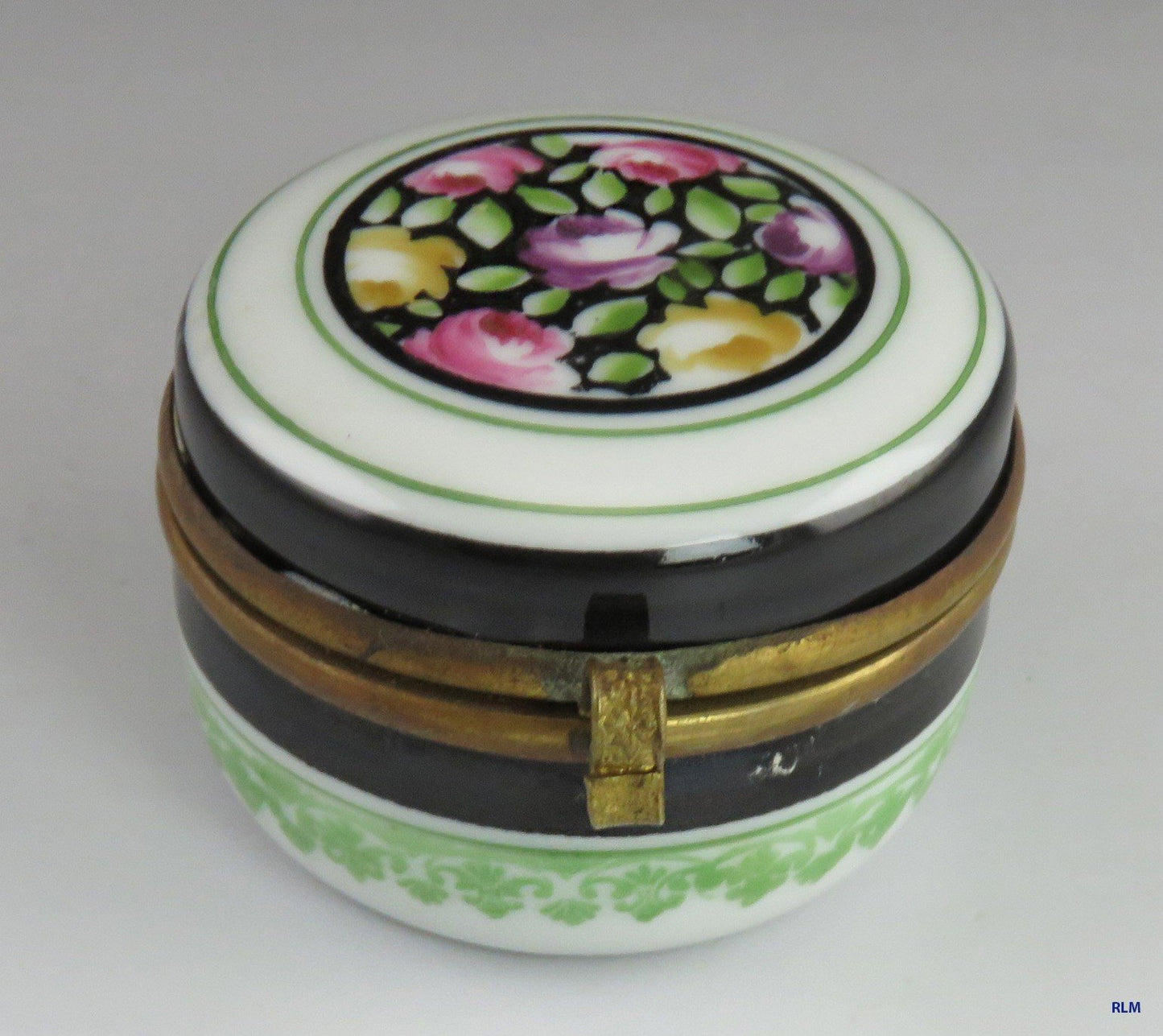 Early 1900's Antique Hand Painted Floral Porcelain and Brass Trinket Jewelry Box
