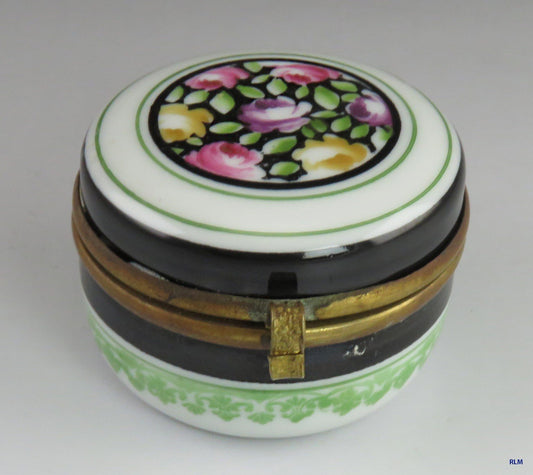Early 1900's Antique Hand Painted Floral Porcelain and Brass Trinket Jewelry Box
