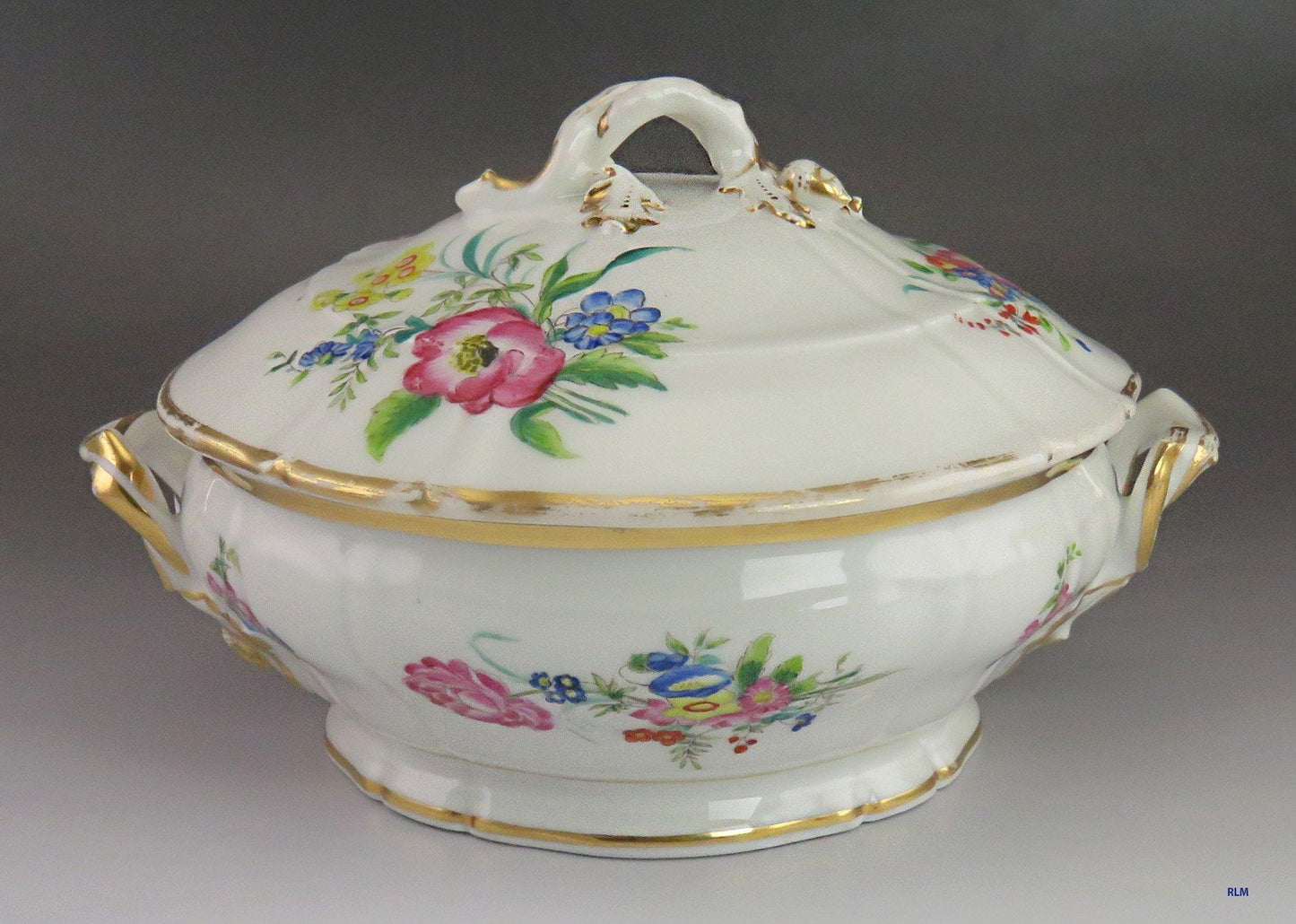 Antique c1850 Paris Porcelain Fine China Gold & Painted Flower Covered Bowl/Dish