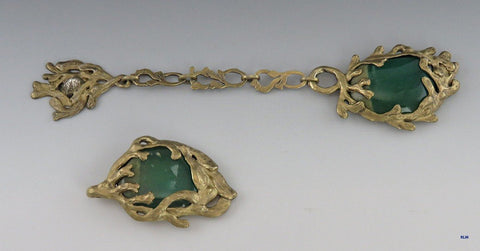 Vintage Artisan Gilt Silver Mtorolite Sea Motif 2 Pc Sash-Style Belt Clasp