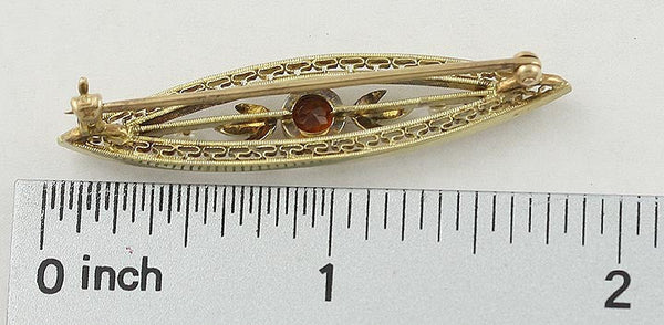 Victorian / Edwardian 14k Yellow Gold Madeira Citrine Pearl Filigree Pin Brooch