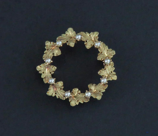 Antique Victorian 18K Gold and Natural Pearl Wreath Pin