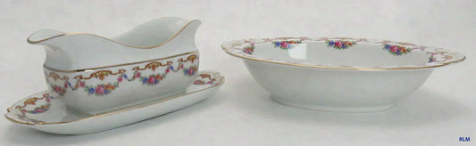 Czech Epiag Floral Double Spout Gravy Boat w Underplate & Oval Serving Dish 9561