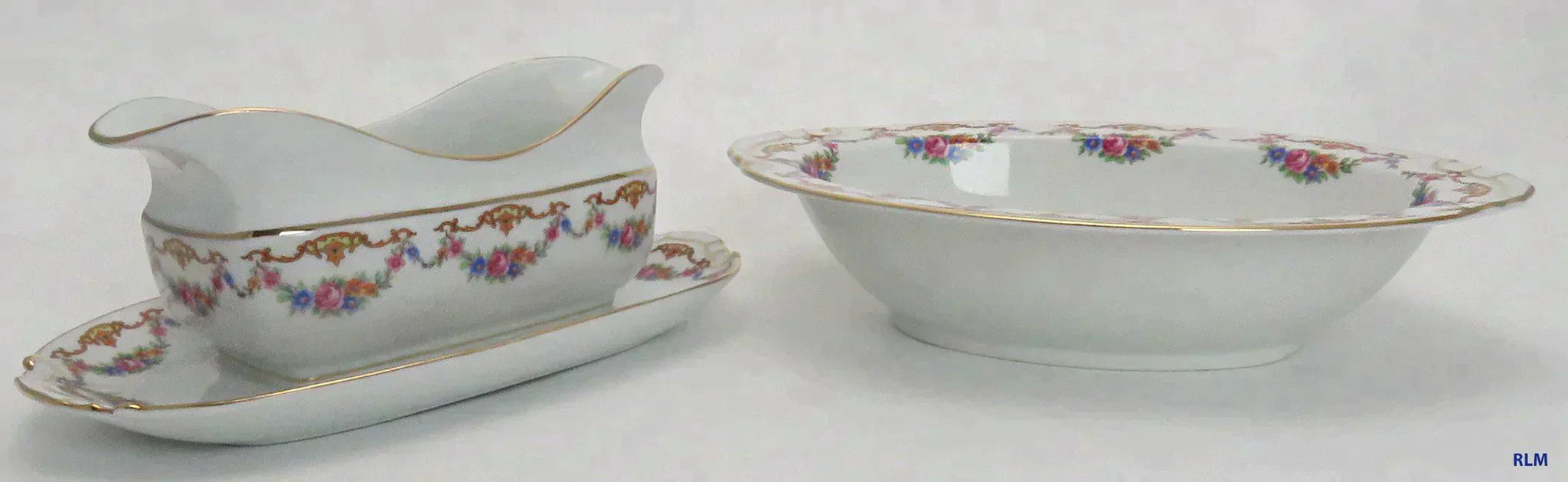 Czech Epiag Floral Double Spout Gravy Boat w Underplate & Oval Serving Dish 9561