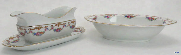 Czech Epiag Floral Double Spout Gravy Boat w Underplate & Oval Serving Dish 9561