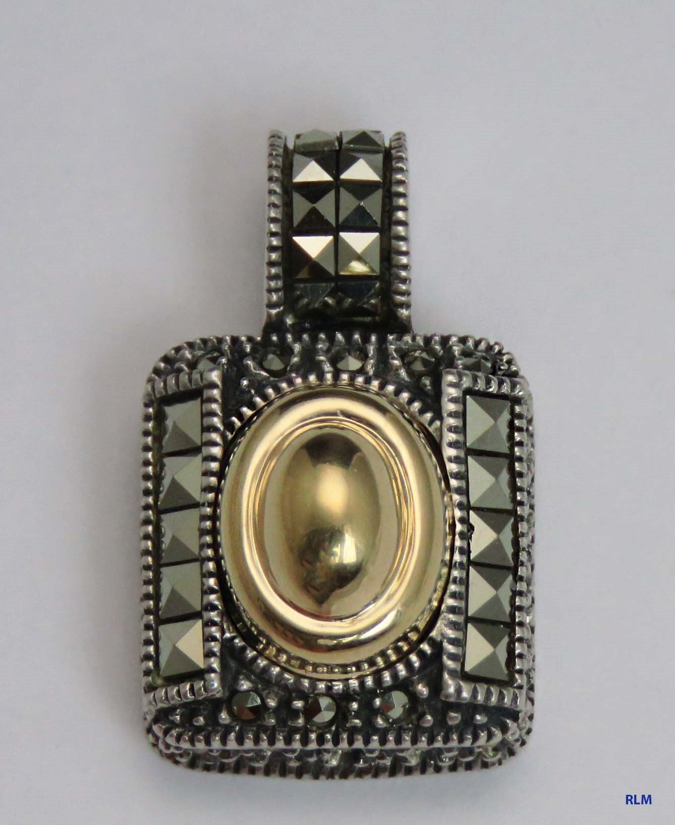 Stunning 14k Gold Sterling Silver Marcasite Square Pendant