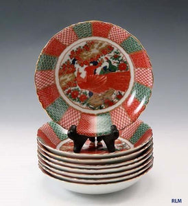8 Japanese Arita Imari Peacock Porcelain Coupe Soup Bowls