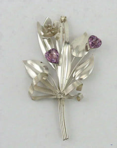 Vintage 1940's or 1950's Sterling Silver Amethyst Flower Bouquet Pin