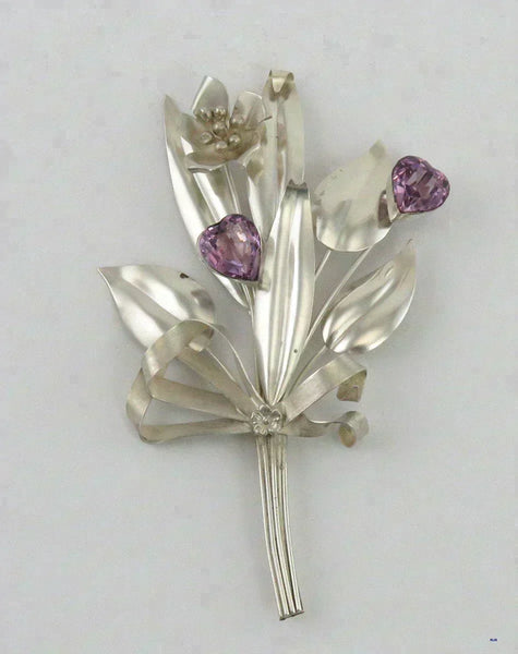 Vintage 1940's or 1950's Sterling Silver Amethyst Flower Bouquet Pin