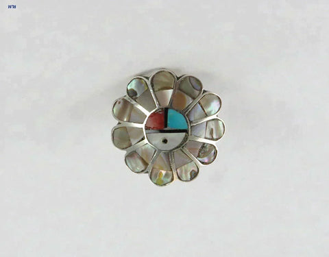 Native American Indian Sterling Silver Turquoise Coral MOP Zuni Sun Face Ring