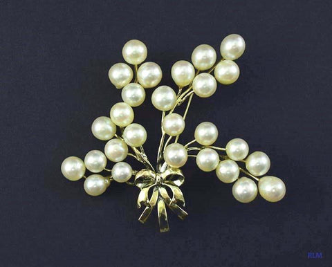 High Quality 14k Yellow Gold Pearl Branch Pin Brooch w/ Ribbon