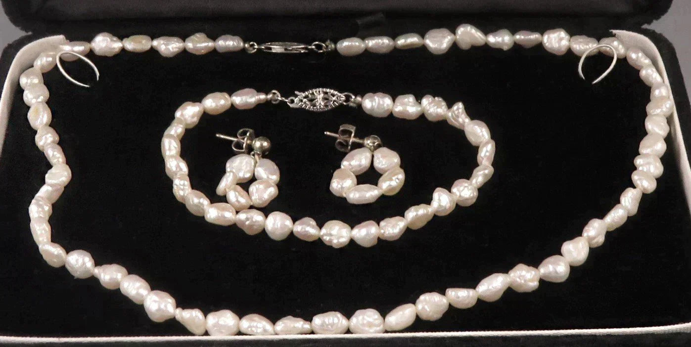 Natural Freshwater Pearl & Sterling Silver Necklace Bracelet Earring Jewelry Set