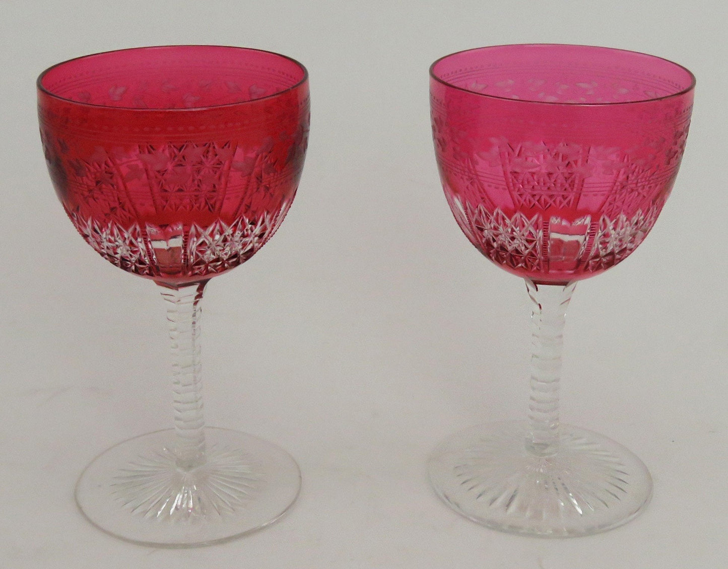 11 Antique c1870 Superb Quality Wheel Cut Ruby Red Wine Glasses
