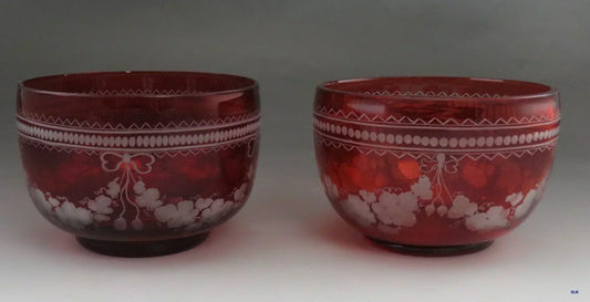 Beautiful Pair Antique Mid 1800s Bohemian Red Ruby Cut Glass Dessert Bowls (6/6)