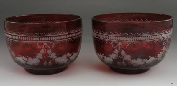 Beautiful Pair Antique Mid 1800s Bohemian Red Ruby Cut Glass Dessert Bowls (1/6)