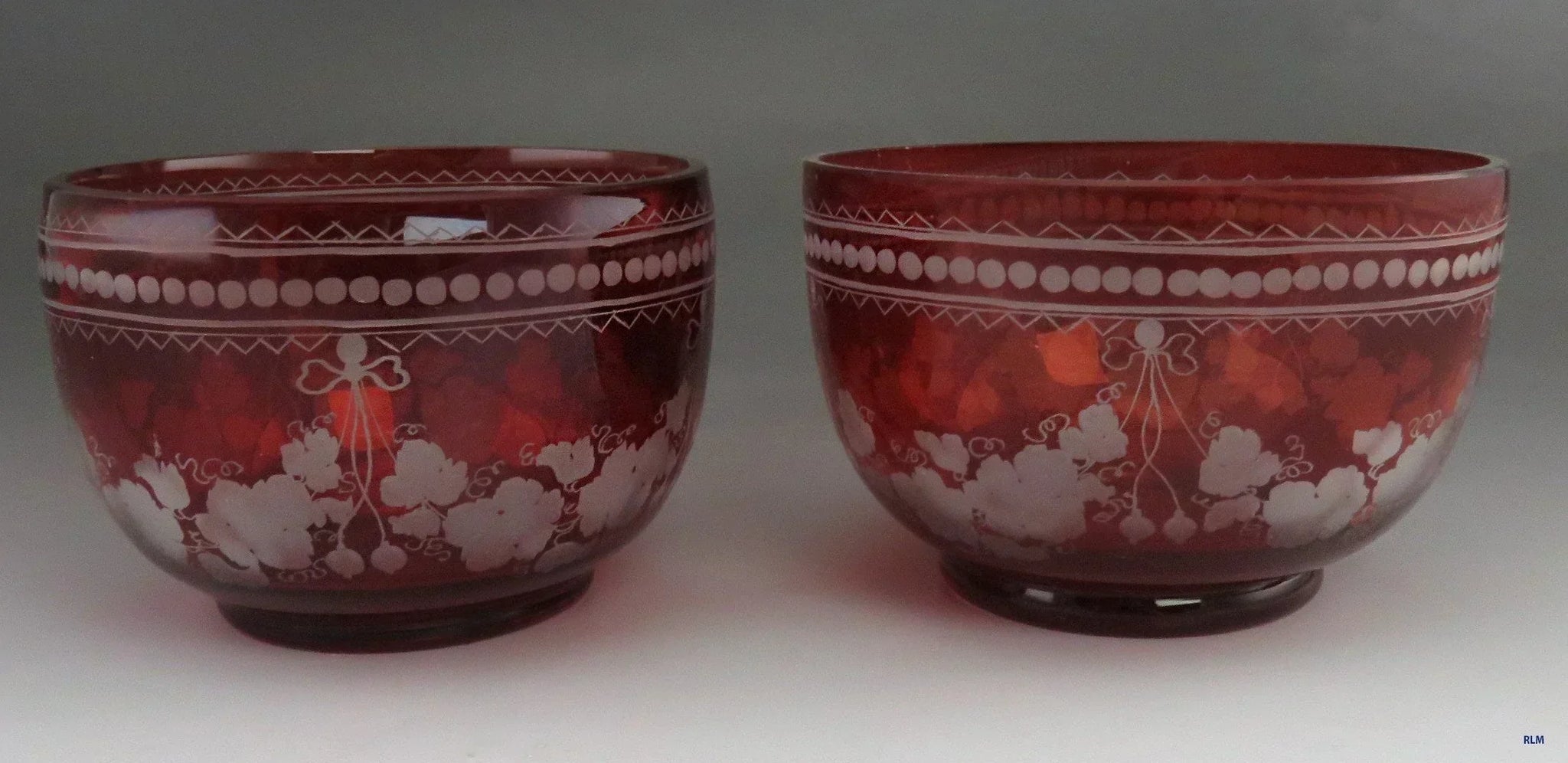 Beautiful Pair Antique Mid 1800s Bohemian Red Ruby Cut Glass Dessert Bowls (4/6)