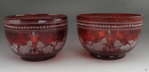 Beautiful Pair Antique Mid 1800s Bohemian Red Ruby Cut Glass Dessert Bowls (4/6)