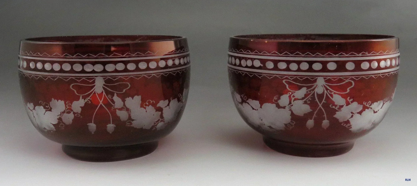 Beautiful Pair Antique Mid 1800s Bohemian Red Ruby Cut Glass Dessert Bowls (2/6)