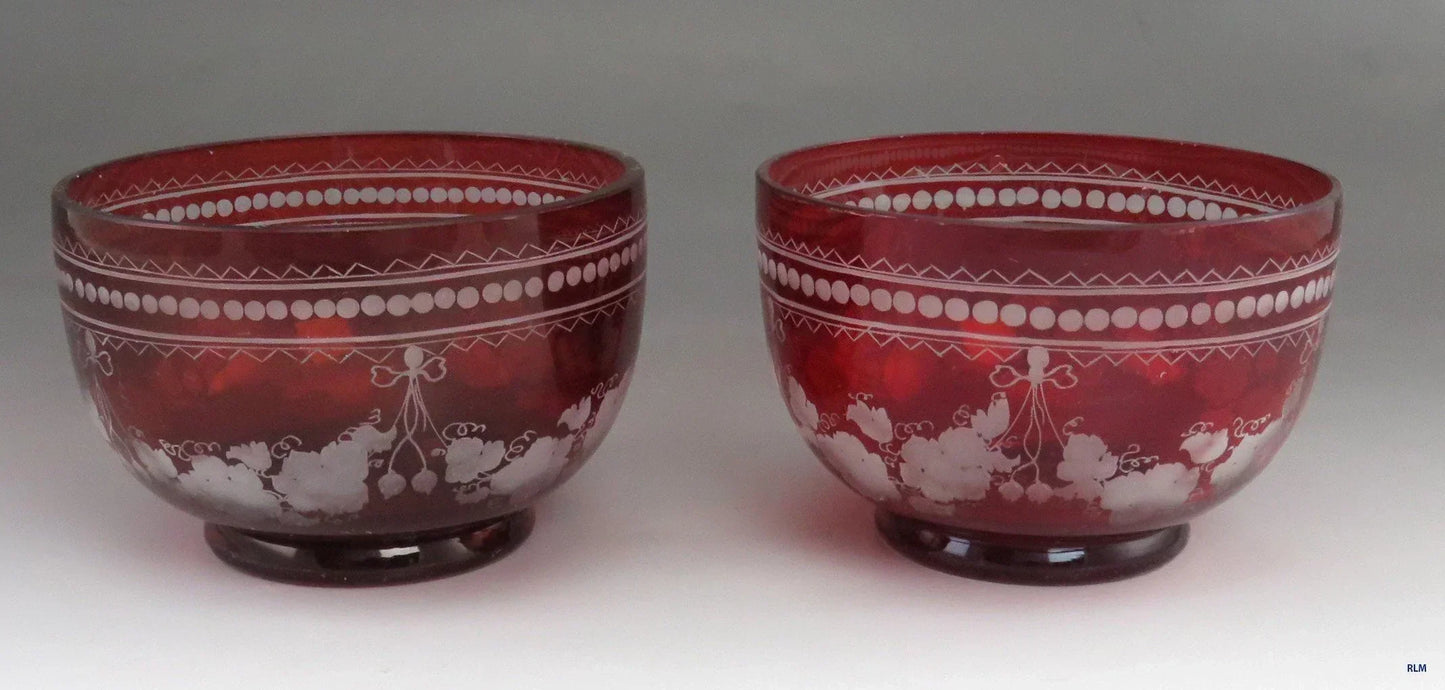 Beautiful Pair Antique Mid 1800s Bohemian Red Ruby Cut Glass Dessert Bowls (3/6)