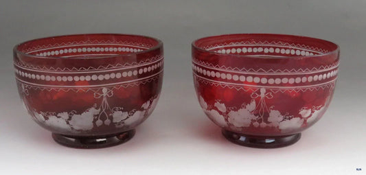 Beautiful Pair Antique Mid 1800s Bohemian Red Ruby Cut Glass Dessert Bowls (3/6)