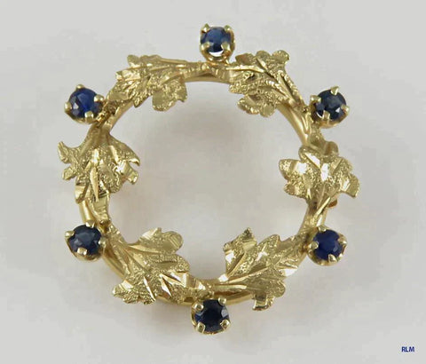 Very Attractive 14K Yellow Gold & Natural Sapphire Leaf Circle Pin