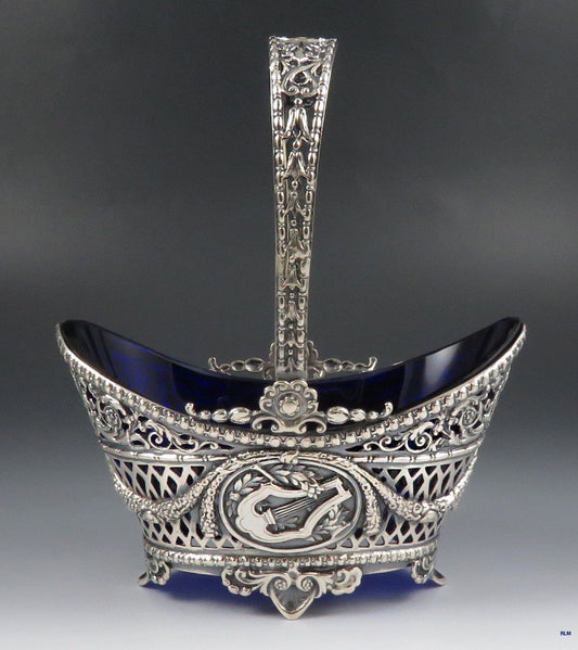 Antique 1890s-1910s Hanau Silver Sauce Basket with Cobalt Blue Glass Liner