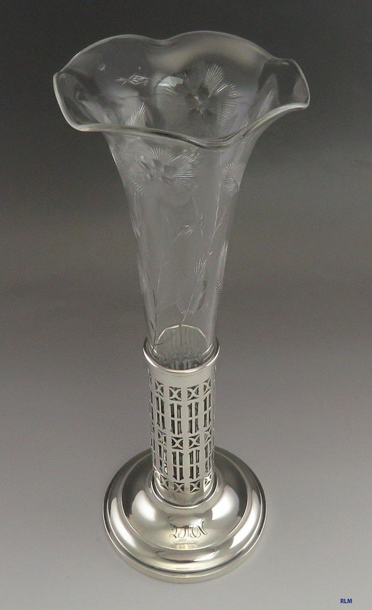 Antique c1900 Mauser Sterling Silver & American Brilliant Cut Glass Vase