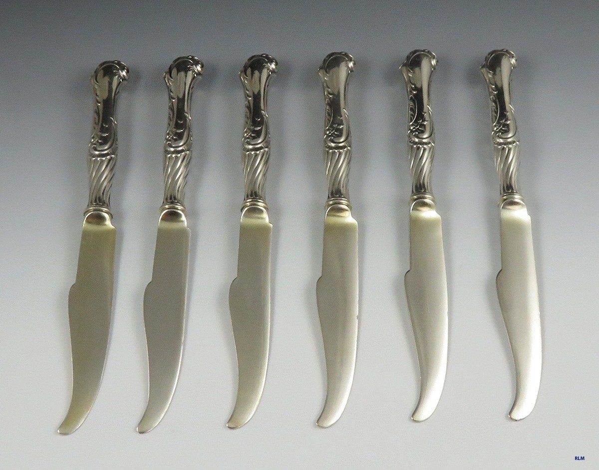 6 Antique Art Nouveau German Silver w/ Silver Blades Fish/Dessert Knives