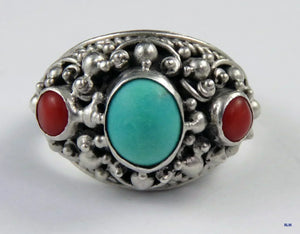 Neat Bali Silver Coral & Turquoise Stone Statement Dome Ring