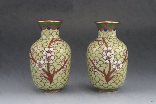 Pair Vintage Chinese Copper Cloisonné Enamel Cherry Blossom Bud Vases