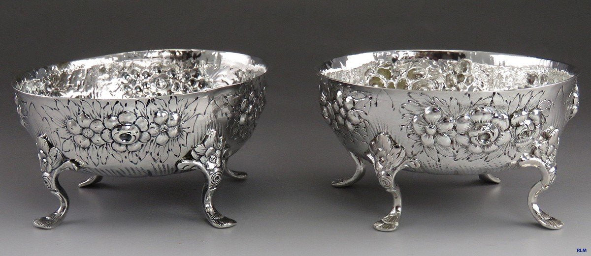 Pair Antique 1889 German Sterling Silver Hand Chased Bowls/Dishes