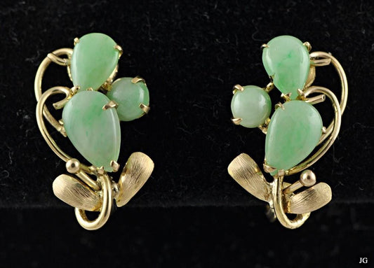 Pair of Vintage 14K Yellow Gold Genuine Green Jade Screw-Back Earrings