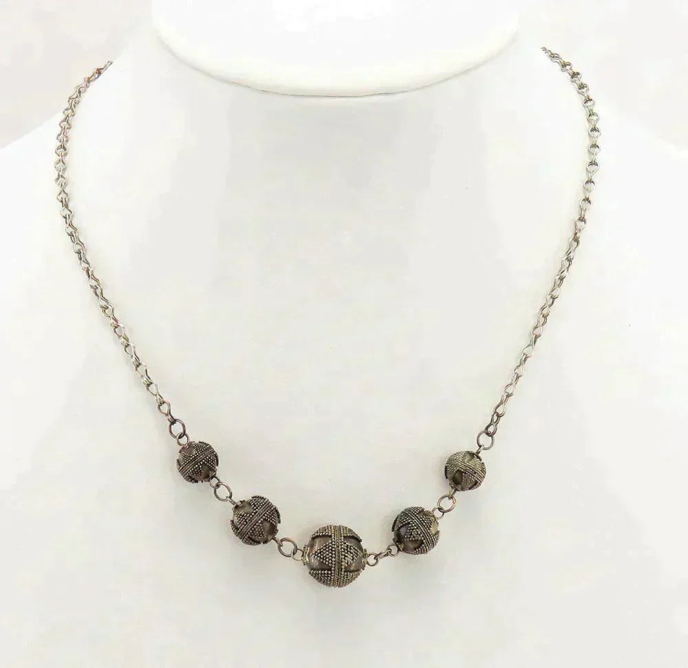 Unique Balinese Sterling Silver Graduated Beaded Chain Necklace