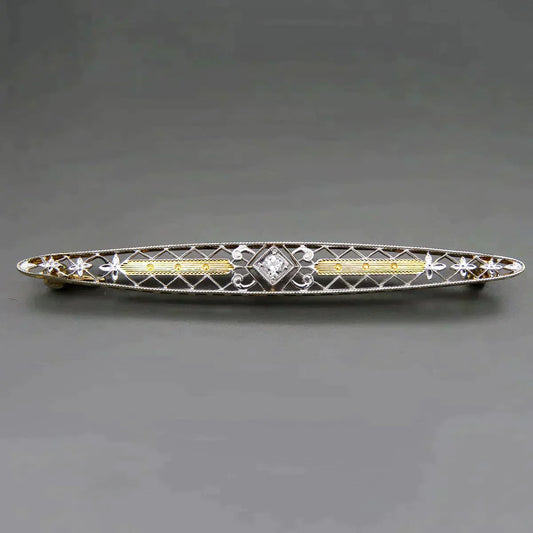 Antique c1920 Krementz 14K Yellow Gold Platinum Top Diamond Filigree Bar Pin