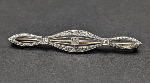 Elegant c1920s 14k Gold Platinum 3 Diamond Filigree Bar Pin Brooch