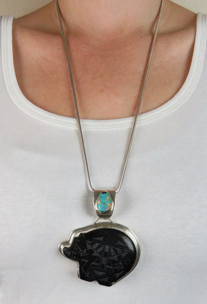 Native American Indian Sterling Silver Obsidian Turquoise Bear Pendant Necklace